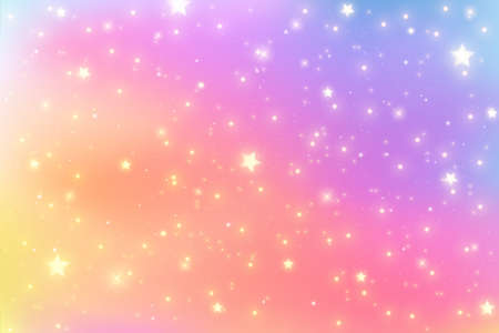 Rainbow unicorn fantasy background with stars and sparkles. Holographic illustration in pastel colors. Bright multicolored sky. Vector.のイラスト素材