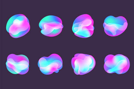 Liquid gradient shapes. Fluid abstract color backgrounds. Holographic organic 3D designs. Neon futuristic elements. Vector blend bubbles.のイラスト素材
