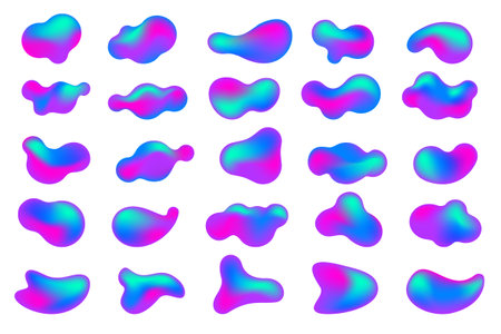 Gradient blop shapes set. Abstract organic random forms. Liquid fluid backgrounds. Amoeba bubbles and splashes. Vector memphis elements.のイラスト素材