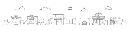 City skyline in line art style. Landscape with row houses of bakery, super market, cafe and post office. Street horizontal panorama. Vector illustrationのイラスト素材