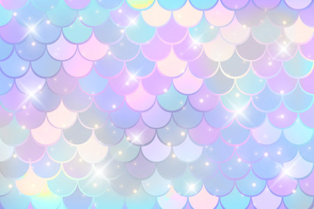 Mermaid holographic background with scale and stars. Iridescent glitter fish tail pattern. Kawaii vector texture.のイラスト素材