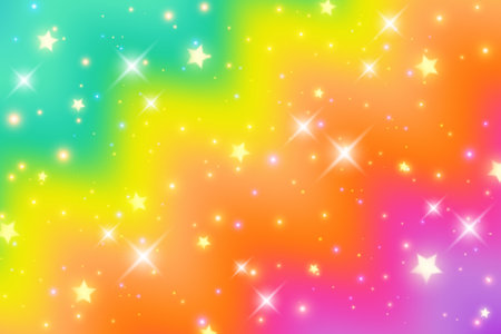 Rainbow wavy background with stars and sparkles. Striped multicolor gradient glitter pattern. Vector bright banner.のイラスト素材