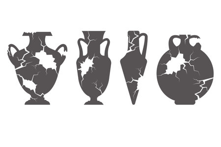 Broken greece vase set. Ancient pottery isolated on white background. Vector illustration.のイラスト素材