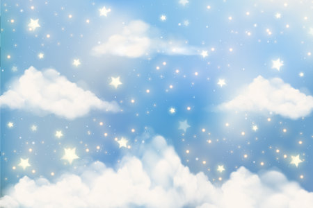 Blue cloudy sky with stars. Beautiful fluffy space. Nature environment background. Vector illustration.のイラスト素材