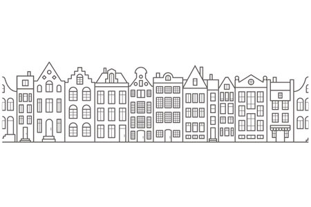 European houses seamless border. Amsterdam buildings row pattern. Street of the city in outline style. Vintage architecture landscape. Vector panoramaのイラスト素材