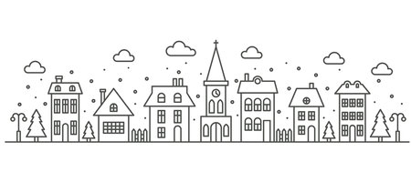 Suburban neighborhood winter landscape. Silhouette of houses and church on the skyline with snowflakes. Countryside cottage homes. Outline vector illustration.のイラスト素材