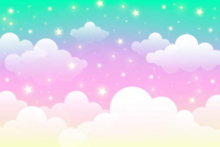 Holographic fantasy rainbow unicorn background with clouds and bubbles. Pastel color sky. Magical landscape, abstract fabulous pattern. Cute candy wallpaper. Vector.のイラスト素材