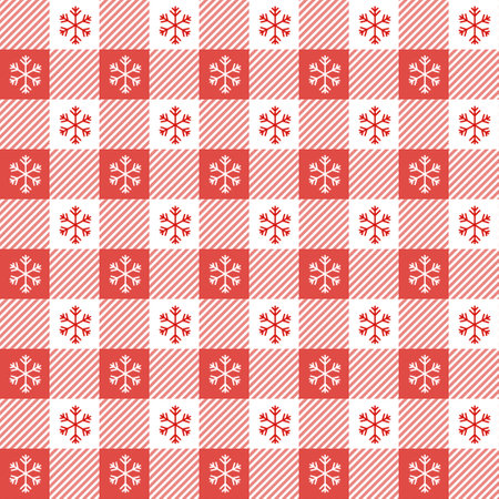Checkered Christmas pattern with snowflakes. Seamless red gingham background. Scandinavian winter vichy backdrop. Vector holiday printのイラスト素材
