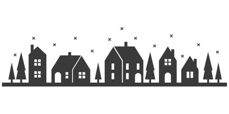 Silhouette of houses on the winter skyline. Suburban neighborhood landscape with snowfall. Countryside cottage homes. Glyph vector illustration.のイラスト素材