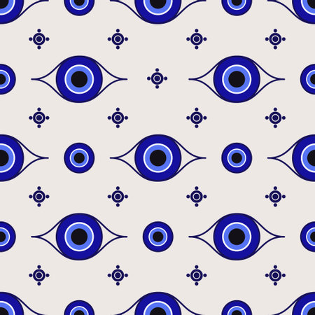 Evil eye ethnic pattern. Mystic greek blue amulet. Turkish traditional print. Symbol of protection. Vector seamless background.のイラスト素材