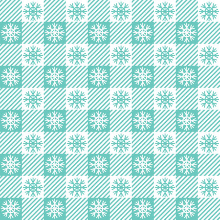 Checkered Christmas pattern with snowflakes. Seamless green gingham background. Scandinavian winter vichy backdrop. Vector holiday printのイラスト素材