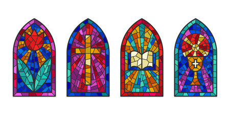 Church glass windows. Stained mosaic catholic frames with cross, book and religious symbols. Vector set isolated on white backgroundのイラスト素材