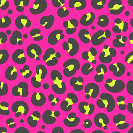 Leopard print seamless pattern. Neon cheetah skin 80 90s design. Black and yellow spots on bright pink background. Vectorのイラスト素材