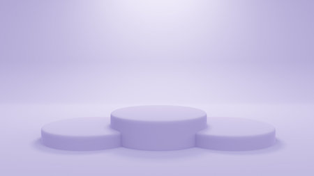 Purple podium 3D background. Violet product pedestal and stage for studio display. Light pastel mockup with round platform for presentation. Realistic rendered illustration.の写真素材