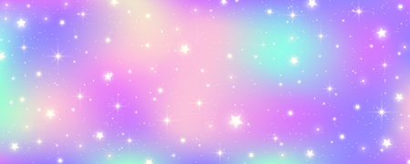 Rainbow pastel background. Unicorn sky with glittering sky. Candy galaxy with watercolor light texture. Girly cute magic wallpaper. Holographic vector abstract illustration.のイラスト素材