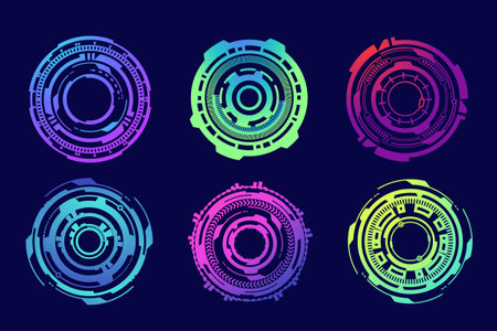 HUD futuristic elements. Abstract optical neon aim. Circle geometric shapes for virtual interface and games. Camera viewfinder for sniper weapon. Vector setのイラスト素材