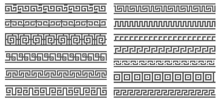 Greek key borders with meander ornament. Seamless roman frame with geometric motif. Set of antique graphic art. Vectorのイラスト素材
