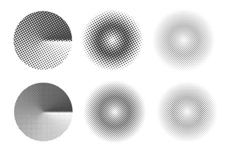 Circles with dotted gradient. Halftone raster gradation effect. Textured round graphic elements. Abstract geometric frames with points on white background. Vector setのイラスト素材