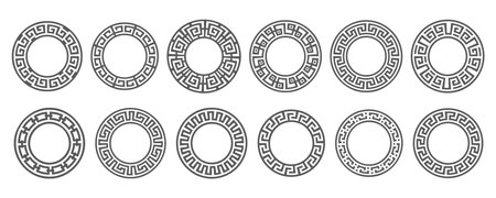 Greek round border. Circle meander frame with ancient ornament. Roman mediterranean pattern decor. Vector setのイラスト素材