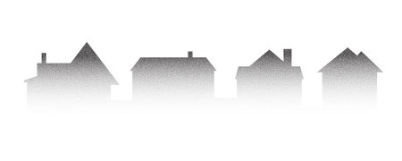 Neighborhood houses stipple panoramic landscape. Buildings drawing silhouette with dotted gradient. Minimalistic vector illustration.のイラスト素材
