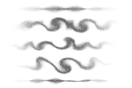 Wavy smoke effect. Wind and spray with dust texture. Grainy gradient clouds. Stipple mist. Vector collectionのイラスト素材