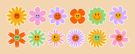 Daisy groovy flowers. Smiling retro floral faces. Y2k simple design. Cartoon chamomile character. Trendy vector illustration.のイラスト素材