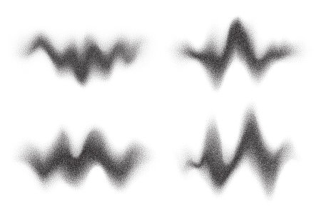 Splatter spray splashes on white background. Grunge abstract ink wavy drop. Grainy noise shadows set. Vector shapes with sand effectのイラスト素材