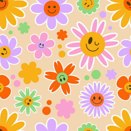 Groovy flower seamless pattern. Y2k floral smile background. Cartoon retro daisy print with funny faces. Vector trendy aesthetic illustration.のイラスト素材
