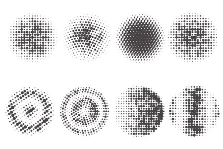 Circle dots with halftone pattern. Round gradient background. Elements with gradation points texture. Abstract geometric shapes. Vector setのイラスト素材
