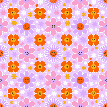 Groovy flower seamless pattern. Y2k floral smile background. Cartoon retro daisy print with funny faces. Vector trendy aesthetic illustration.のイラスト素材