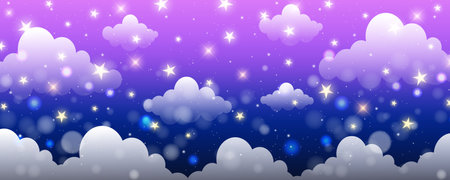 Night sky background with clouds and star. Purple dreamy space wallpaper. Cute abstract celestian universe. Cartoon magic evening gradient. Vectorのイラスト素材