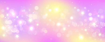 Pink background with bokeh. Light pastel sky with glitter stars. Cute soft gradient blurred wallpaper. Lovly fantasy magic design. Vector.のイラスト素材