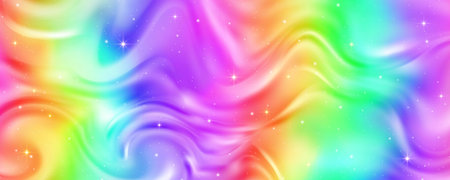 Rainbow background with waves of fluid. Abstract pastel gradient wallpaper with bright vibrant colors and stars. Vector unicorn holographic backdrop.のイラスト素材