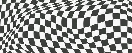 Checkerboard wavy pattern. Abstract chess square print. Black and white psychedelic optical...