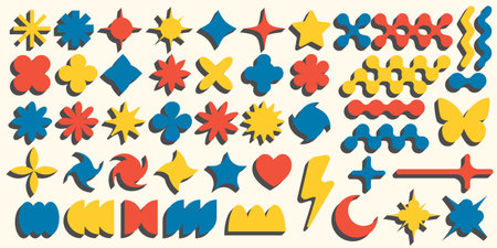 Abstract geometric elements for design. Neobrutalism graphic shapes. Minimal groovy Y2k retro stickers. Set of retro labels. Simple vector flowers, butterfly and stars.のイラスト素材