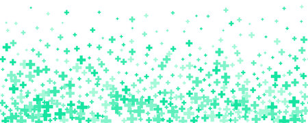Medical cross and plus background. Abstract seamless turquoise background for hospital and pharmacy. Geometrical shapes ornament on border. Vector backdropのイラスト素材
