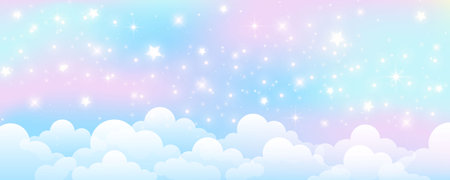 Pink and blue sky. Pastel gradient background with fluffy clouds. Abstract vector blurred illustration. Sunny heaven panorama wallpaperのイラスト素材