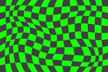 Checkerboard pattern. Black and green psychedelic wavy background. Abstract grid warp texture. Y2k chessboard rave geometric design. Vector illustration.のイラスト素材