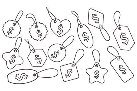 Price tag icons set with dollar sign. Outline gift labels for sale and discount product. Baggage signs collection with ribbons. Simple vector shapes isolated on white background.のイラスト素材