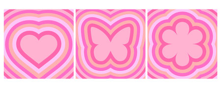 Groovy backgrounds with heart flower and butterfly. Retro psychedelic pink tunnel illustration. 60s 70s cartoon design for poster. Y2K romantic wallpaper. Vector artのイラスト素材