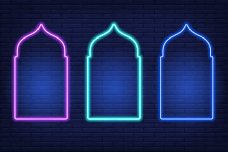 Neon Ramadan islamic frame. Vector arch shapes on dark background. Muslim door and window. Arabian bright template set.のイラスト素材