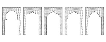 Islamic frame with arch and ornament. Ramadan gate on geometric background for wedding invitation design. Vector oriental decorations set.のイラスト素材