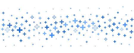 Medical cross and plus background. Abstract seamless blue background for hospital and pharmacy. Geometrical shapes ornament on border. Vector backdropのイラスト素材