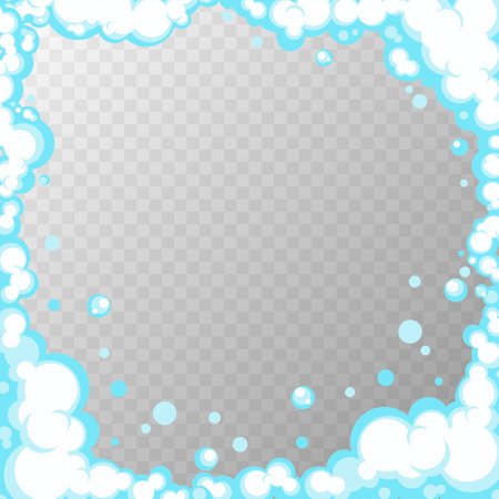 Soapy foam with bubbles. Frame of cartoon shampoo and shaving mousse foam suds. Clouds border. Vector illustrationのイラスト素材