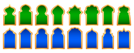 Ramadan frame shapes set. Vector door and windows arch with Islamic design. Muslim oriental gate. Indian vintage arcs with traditional ornament. Architecture elements and stickersのイラスト素材