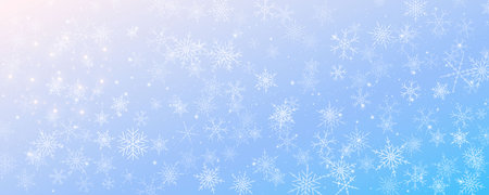 Snowflakes winter Christmas vector background. Blue and white frost sky. Gradient cold blizzard landscape.のイラスト素材