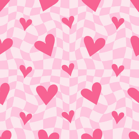 Y2k seamless pattern with hearts. Retro abstract groovy background. Pink funky vector wallpaper for...