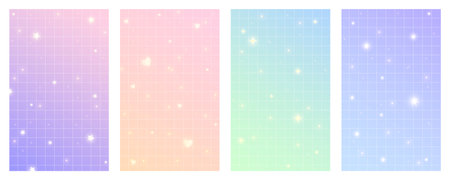Checkered gradient background with stars. Set of pastel holographic kawaii backdrops. Abstract vector purple squared wallpapers for design.のイラスト素材