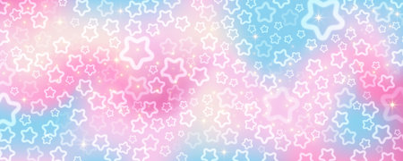 Pink sky with stars and bokeh. Kawaii fantasy background. Magic glitter space with iridescent texture. Abstract vector wallpaperのイラスト素材