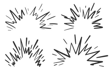 Cartoon boom effect. Vector comic bomb explosion. Doodle energy hit, speed crash with sparks. Power action elements set for manga and animeのイラスト素材